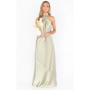 Show Me Your Mumu Jasmine Halter Maxi Dress Moss Green Luxe Satin M